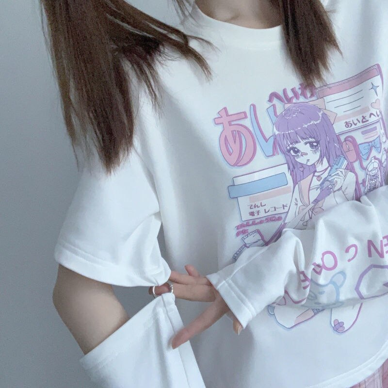 Japanese Streetwear E Girl Anime Tshirt Clothes With Arm Cover Graphic Top Harajuku Kawaii Summer Tops For Women 2022 T Shirt