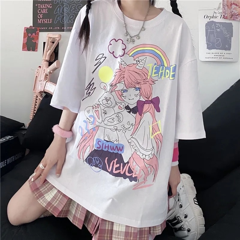 Gothic Clothes Loose T Shirts Harajuku Style Print Anime Tshirt Streetwear Female Short Sleeve Woman T-shirt E Girl Clothes