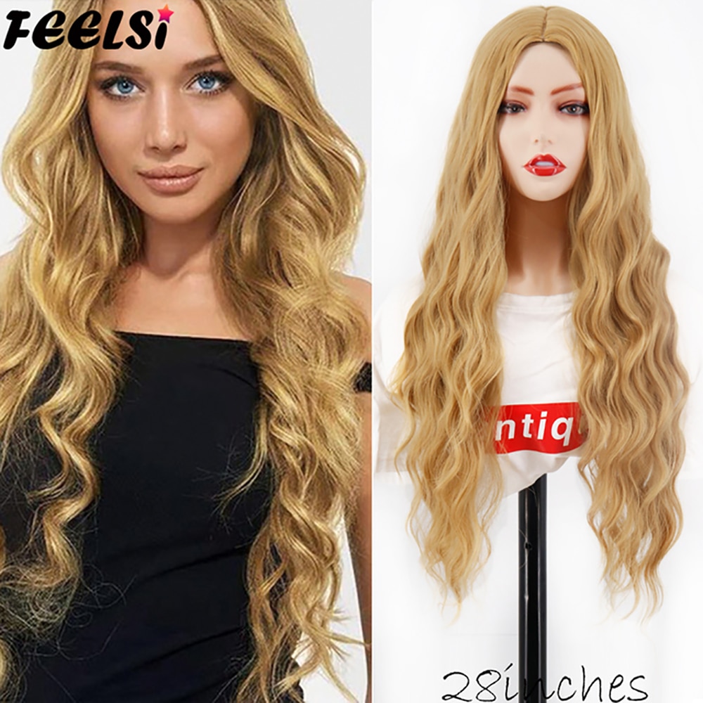 Golden Brown Water waves Long Synthetic wigs Black Red Daily wear Natural Wig For Women Hair High Temperature Fiber Halloween Co