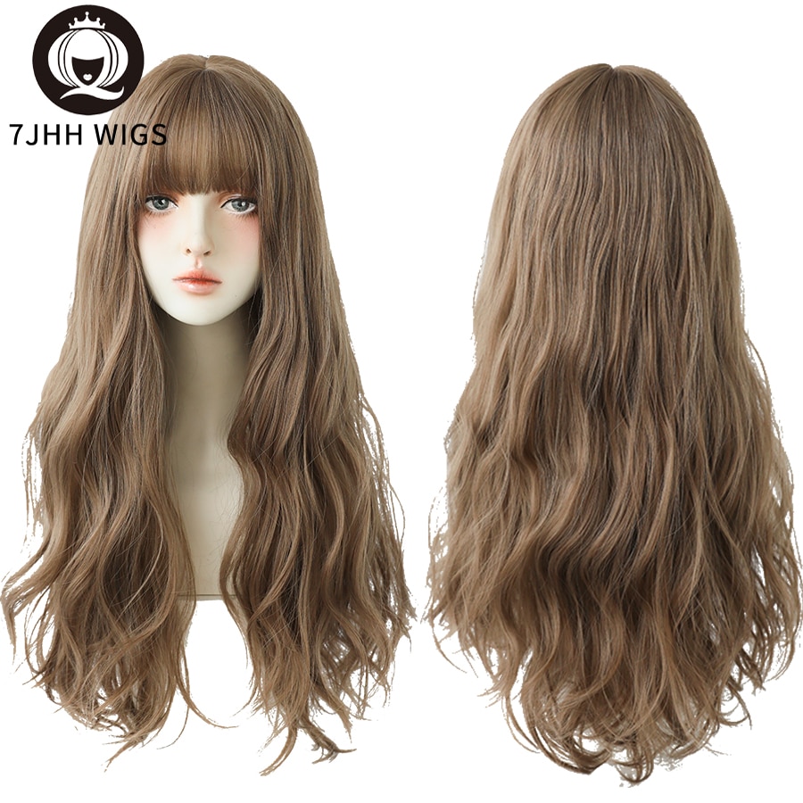 7JHH WIGS Long Wavy Curly Black Blonde Hair Highlights Synthetic Blend Wigs With Fluffy Bangs For Women's Daily Wear Four Season