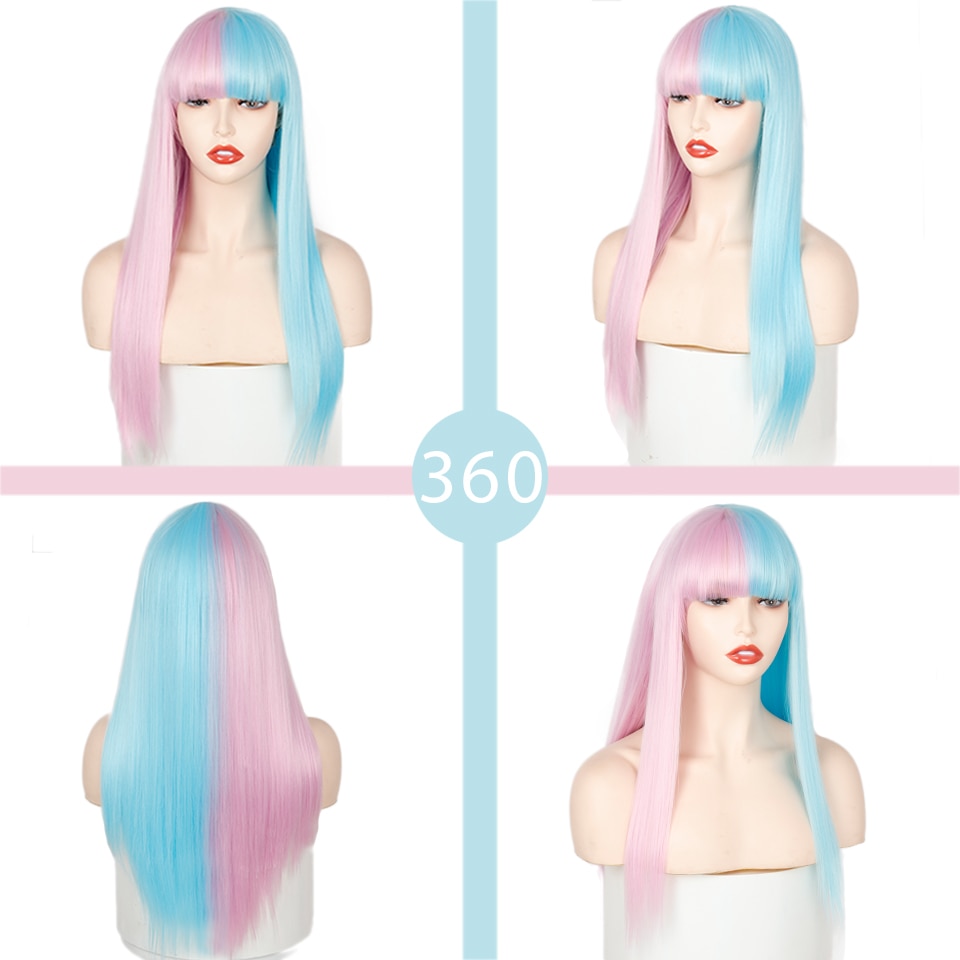Lolita half Pink half Blue wig for Women Synthetic Wig with Bangs Heat Resistant Cosplay Wigs Halloween Wig