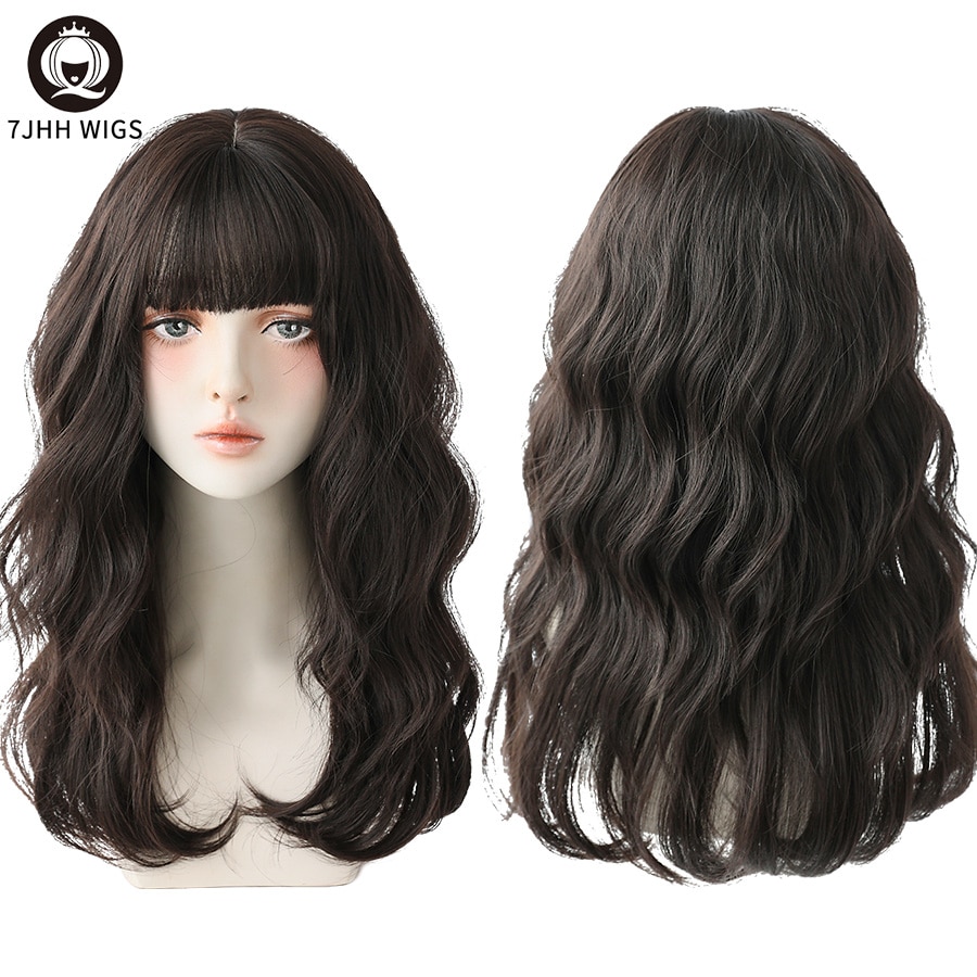 7JHH WIGS Long Wavy Curly Black Blonde Hair Highlights Synthetic Blend Wigs With Fluffy Bangs For Women's Daily Wear Four Season