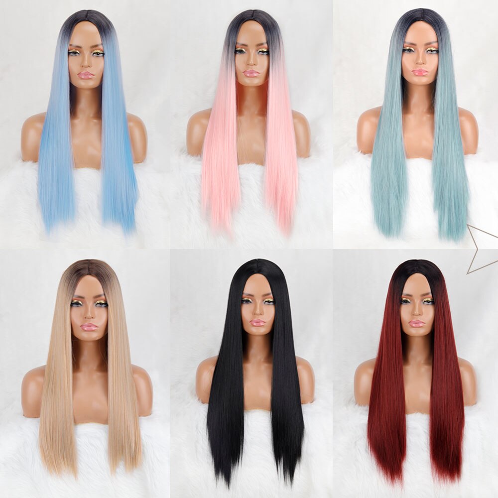 Long Straight Synthetic Wig Light Blue Ombre Wigs for Women Mixed Black and Blonde Wig Middle Part Nature Hair