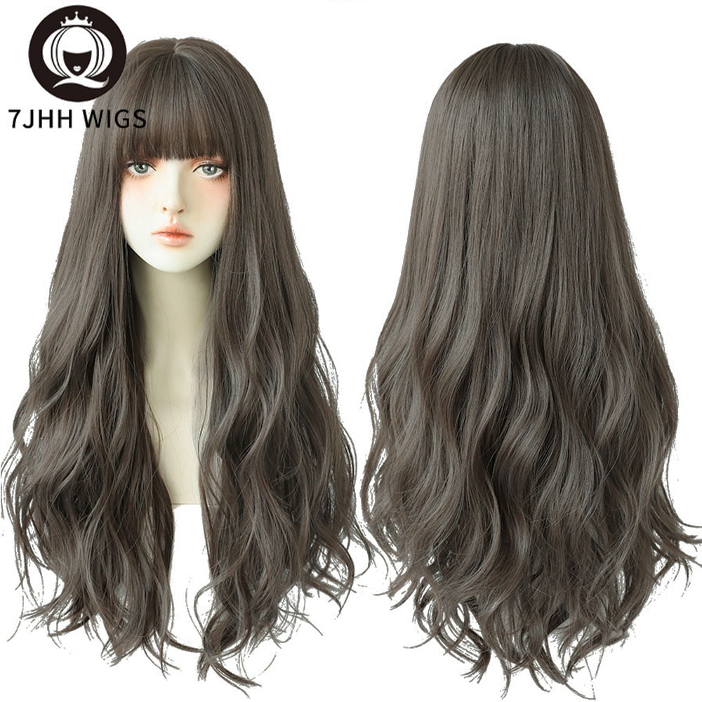 7JHH WIGS Long Wavy Curly Black Blonde Hair Highlights Synthetic Blend Wigs With Fluffy Bangs For Women's Daily Wear Four Season