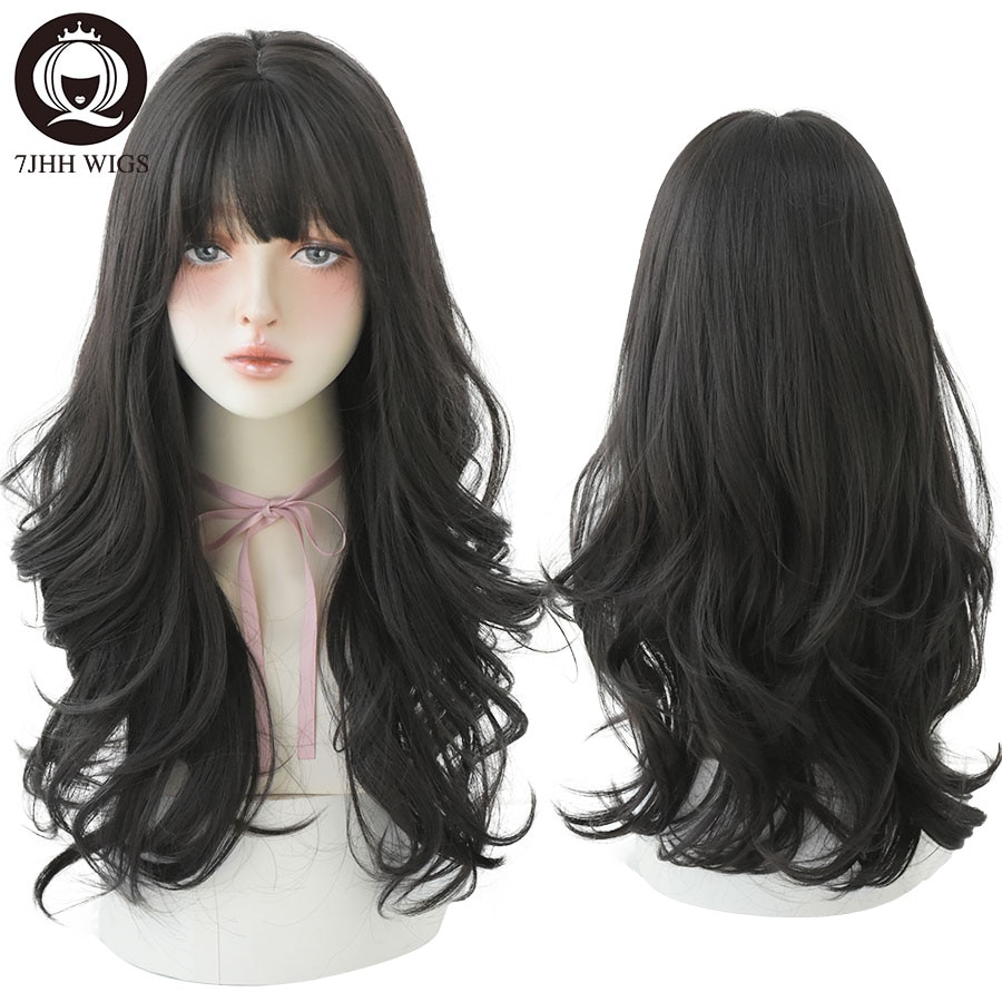 7JHH WIGS Long Wavy Curly Black Blonde Hair Highlights Synthetic Blend Wigs With Fluffy Bangs For Women's Daily Wear Four Season