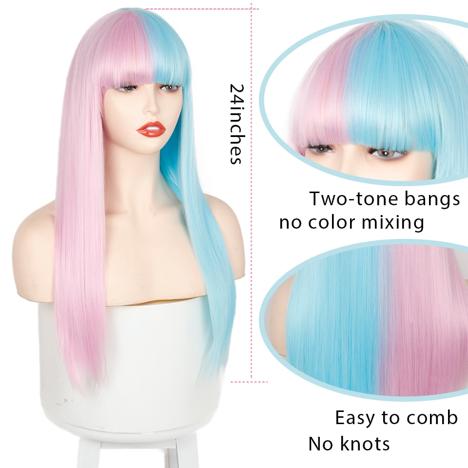 Lolita half Pink half Blue wig for Women Synthetic Wig with Bangs Heat Resistant Cosplay Wigs Halloween Wig