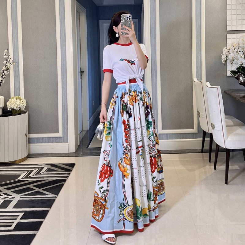 High Quality Women's Skirt Fashion Runway Poplin Cotton Calendar Print Versatile Holiday Midi Skirt  Party Summe 2022