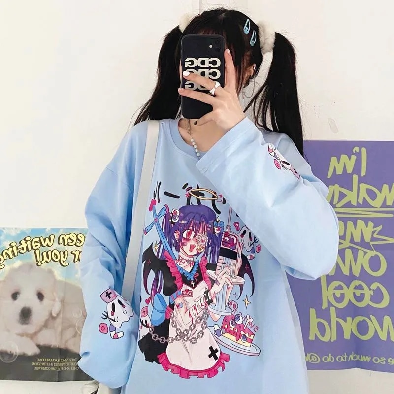 Woman Top Shirts Long Sleeve Anime Sweatshirt Woman Kawaii Clothes Spring Autumn Hip Hop Japanese Harajuku ANIME E Girl Clothes