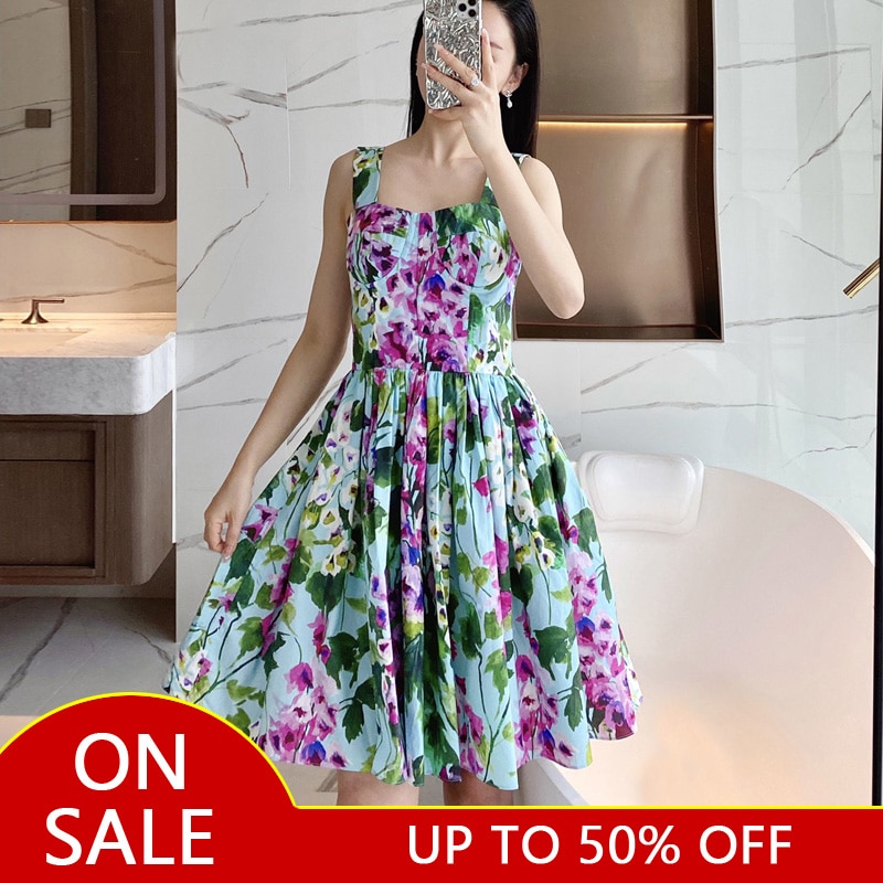 High Quality 100% Cotton Women's Dress Fashion Runway Bluebell Print Suspender Cup Poplin Holiday Dress Summer 2022 New