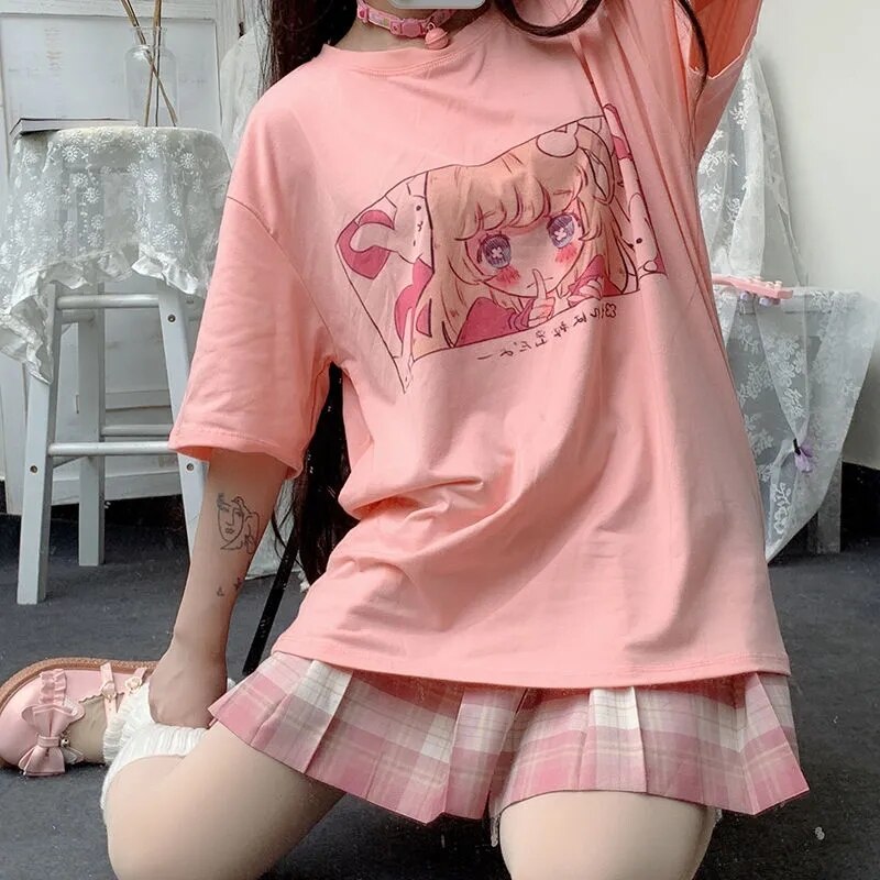 Japanese Streetwear Graphic Tee Anime T Shirts Clothes Loose  Harajuku Style Female Short Sleeve Woman T-shirt E Girl Clothes