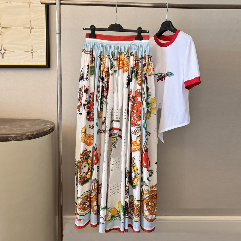 High Quality Women's Skirt Fashion Runway Poplin Cotton Calendar Print Versatile Holiday Midi Skirt  Party Summe 2022