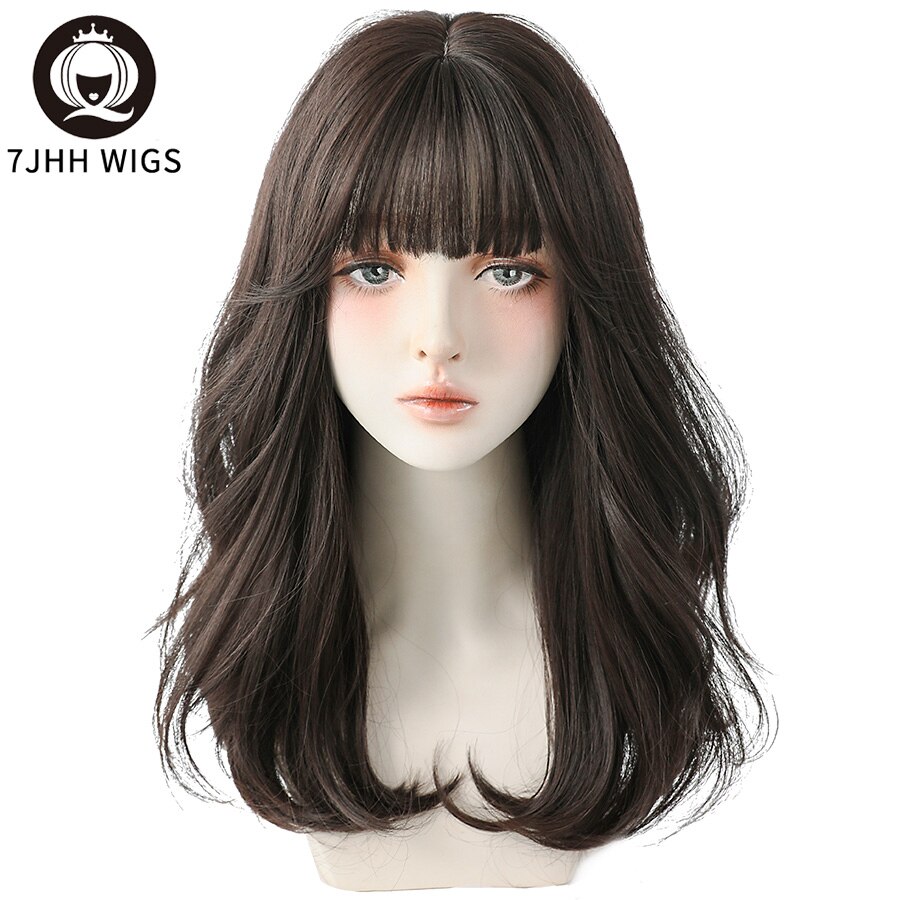7JHH WIGS Long Wavy Curly Black Blonde Hair Highlights Synthetic Blend Wigs With Fluffy Bangs For Women's Daily Wear Four Season