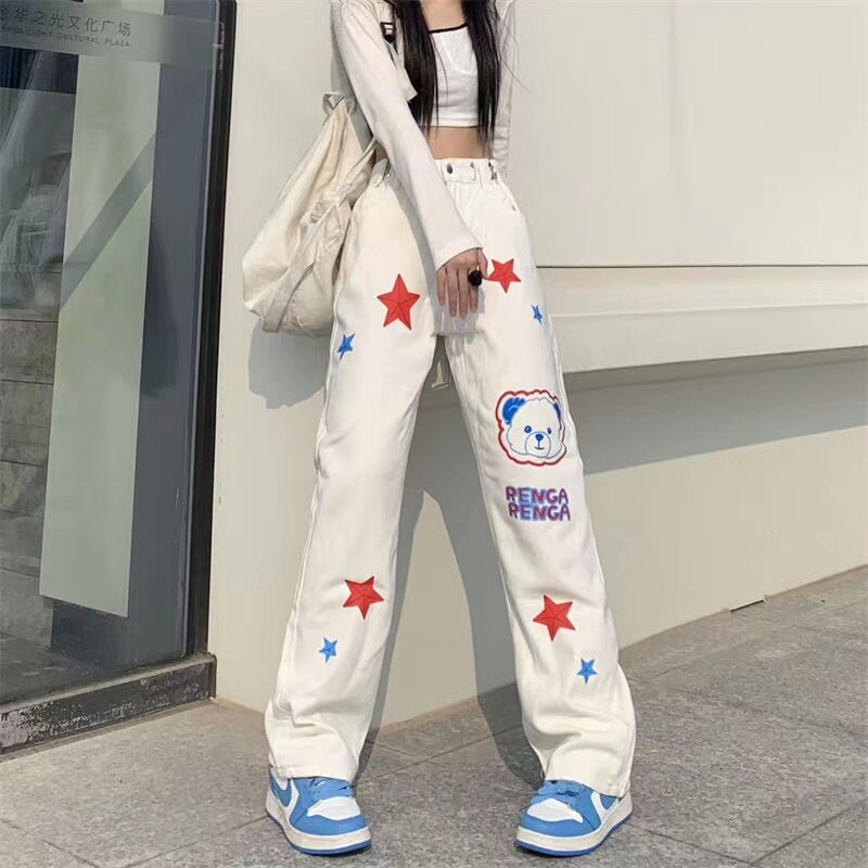 Denim Trousers American Kawaii Anime Print Y2k Streetwear High Waist Wide Leg Baggy Graphic Pants