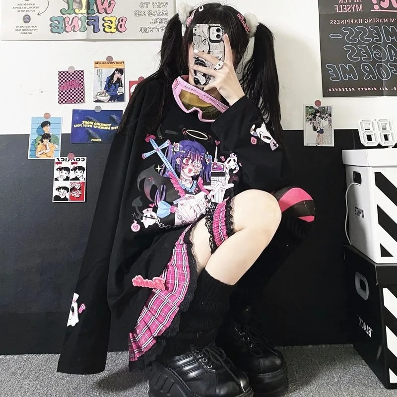 Woman Top Shirts Long Sleeve Anime Sweatshirt Woman Kawaii Clothes Spring Autumn Hip Hop Japanese Harajuku ANIME E Girl Clothes