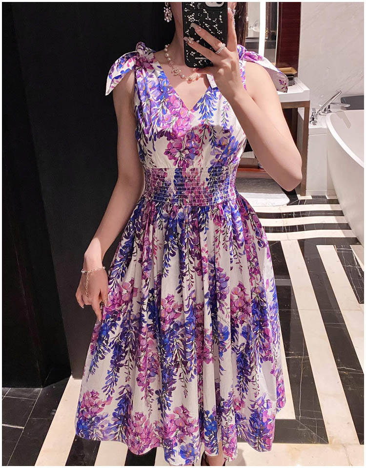 High Quality 100% Cotton Women's Dress Fashion Runway Wisteria Flower Print V Neck Elastic Waist Holiday Dress Summer 2022 New