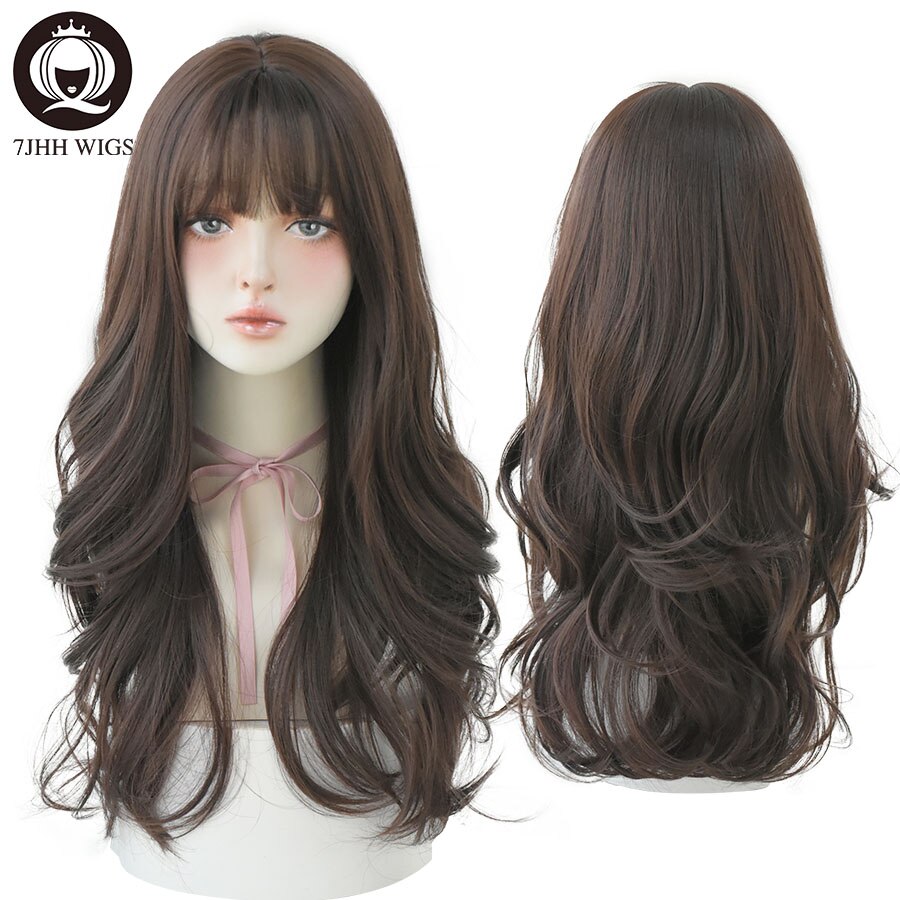 7JHH WIGS Long Wavy Curly Black Blonde Hair Highlights Synthetic Blend Wigs With Fluffy Bangs For Women's Daily Wear Four Season