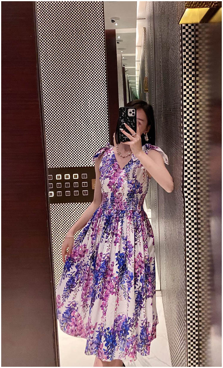 High Quality 100% Cotton Women's Dress Fashion Runway Wisteria Flower Print V Neck Elastic Waist Holiday Dress Summer 2022 New