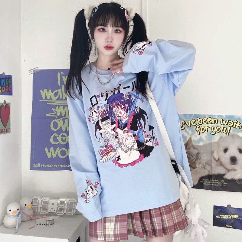 Woman Top Shirts Long Sleeve Anime Sweatshirt Woman Kawaii Clothes Spring Autumn Hip Hop Japanese Harajuku ANIME E Girl Clothes