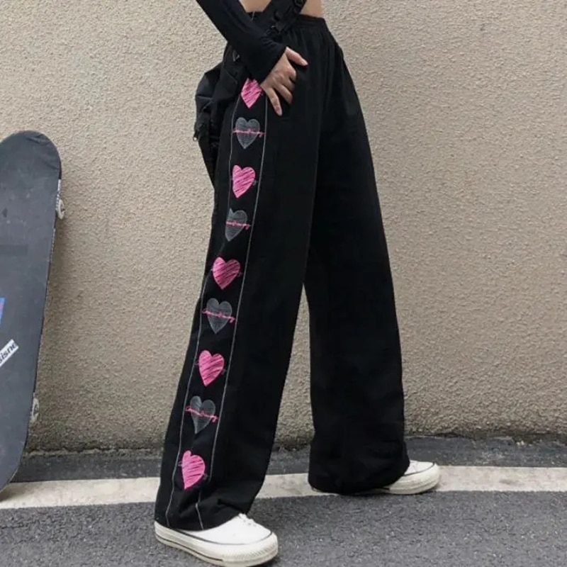 Wide Leg Summer Pants Clothes For Woman Korean Fashion Heart Print Harajuku Streetwear Y2k Clothes Pants Trousers Woman