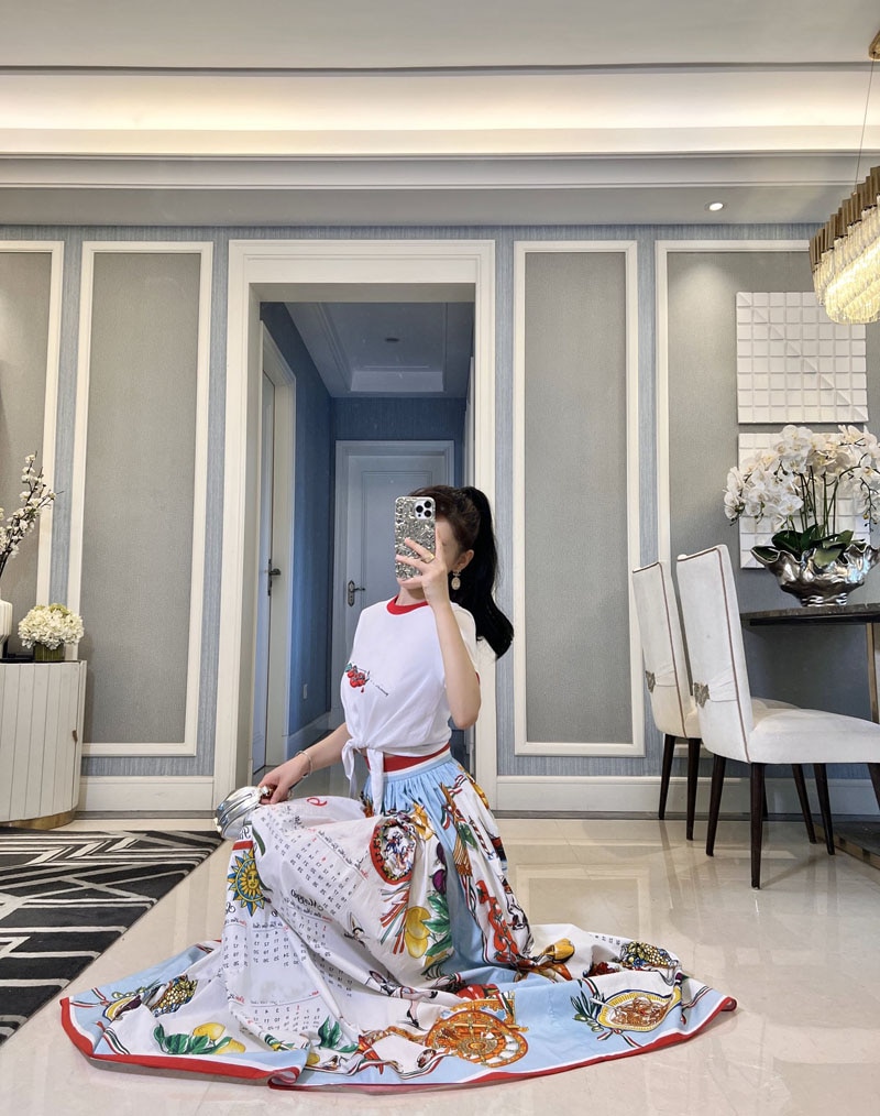 High Quality Women's Skirt Fashion Runway Poplin Cotton Calendar Print Versatile Holiday Midi Skirt  Party Summe 2022