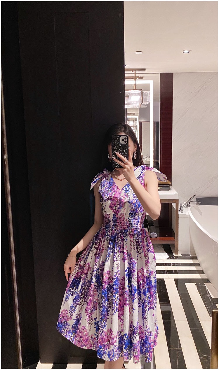 High Quality 100% Cotton Women's Dress Fashion Runway Wisteria Flower Print V Neck Elastic Waist Holiday Dress Summer 2022 New