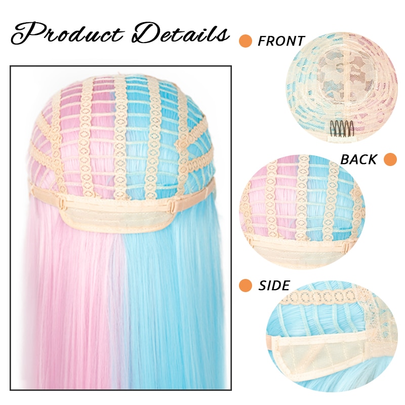 Lolita half Pink half Blue wig for Women Synthetic Wig with Bangs Heat Resistant Cosplay Wigs Halloween Wig