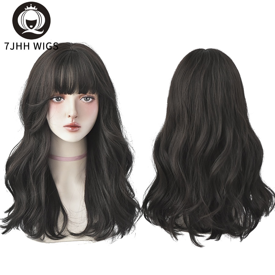 7JHH WIGS Long Wavy Curly Black Blonde Hair Highlights Synthetic Blend Wigs With Fluffy Bangs For Women's Daily Wear Four Season