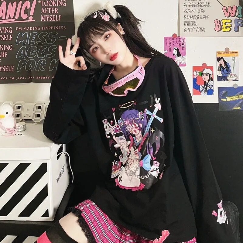 Woman Top Shirts Long Sleeve Anime Sweatshirt Woman Kawaii Clothes Spring Autumn Hip Hop Japanese Harajuku ANIME E Girl Clothes