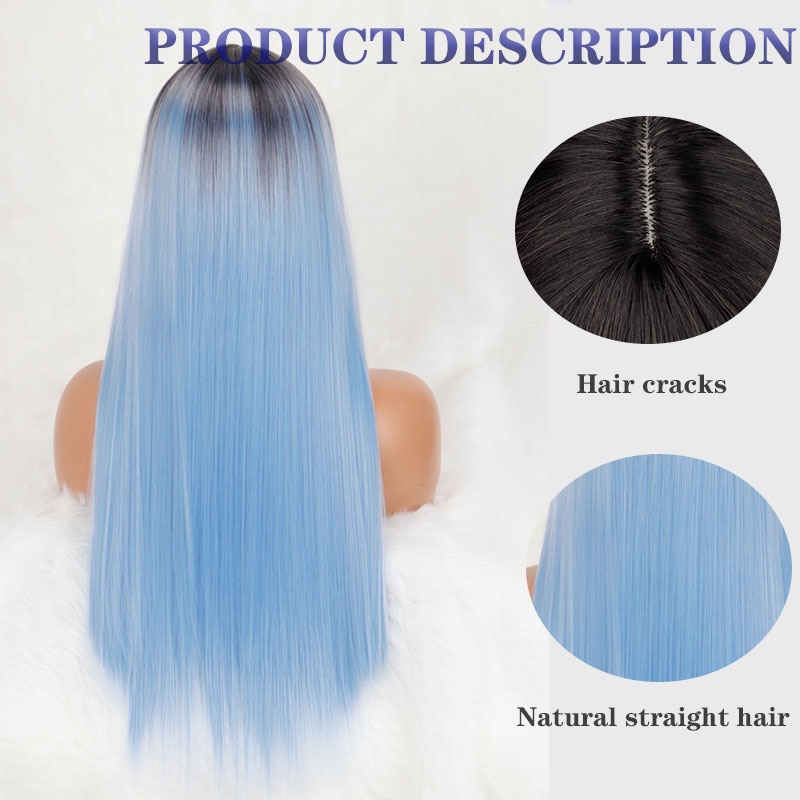 Long Straight Synthetic Wig Light Blue Ombre Wigs for Women Mixed Black and Blonde Wig Middle Part Nature Hair