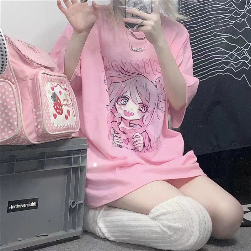 Summer Clothes For Women T shirt Oversize Japanese Fashion Pink Top Cute Cartoon Girl Print Loose Short-Sleeved T-Shirt Women