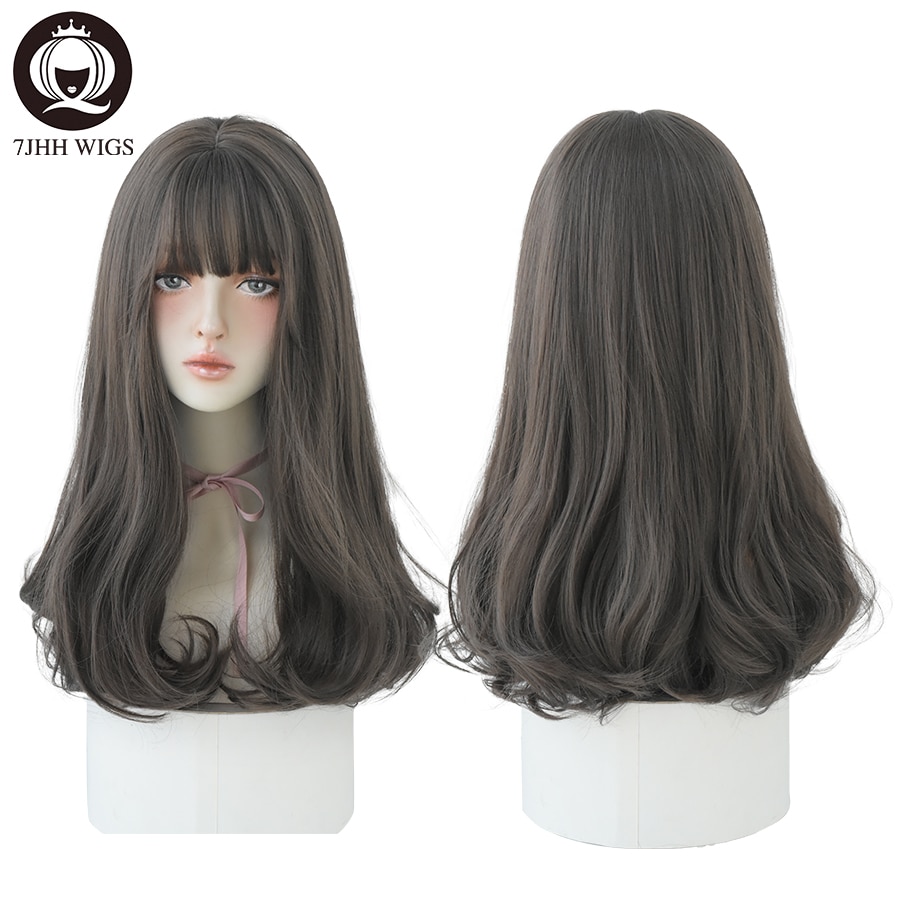 7JHH WIGS Long Wavy Curly Black Blonde Hair Highlights Synthetic Blend Wigs With Fluffy Bangs For Women's Daily Wear Four Season