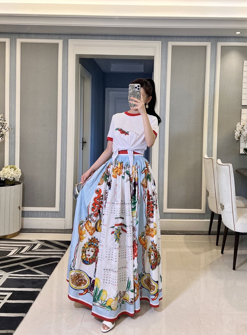 High Quality Women's Skirt Fashion Runway Poplin Cotton Calendar Print Versatile Holiday Midi Skirt  Party Summe 2022