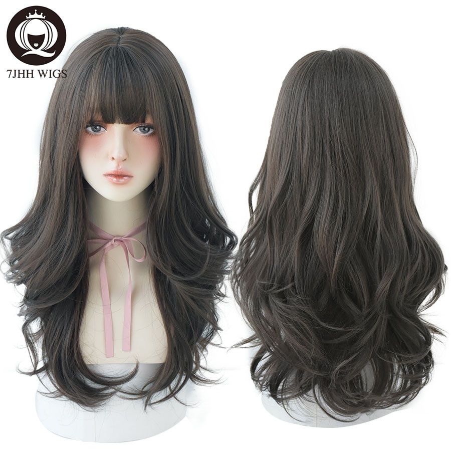 7JHH WIGS Long Wavy Curly Black Blonde Hair Highlights Synthetic Blend Wigs With Fluffy Bangs For Women's Daily Wear Four Season