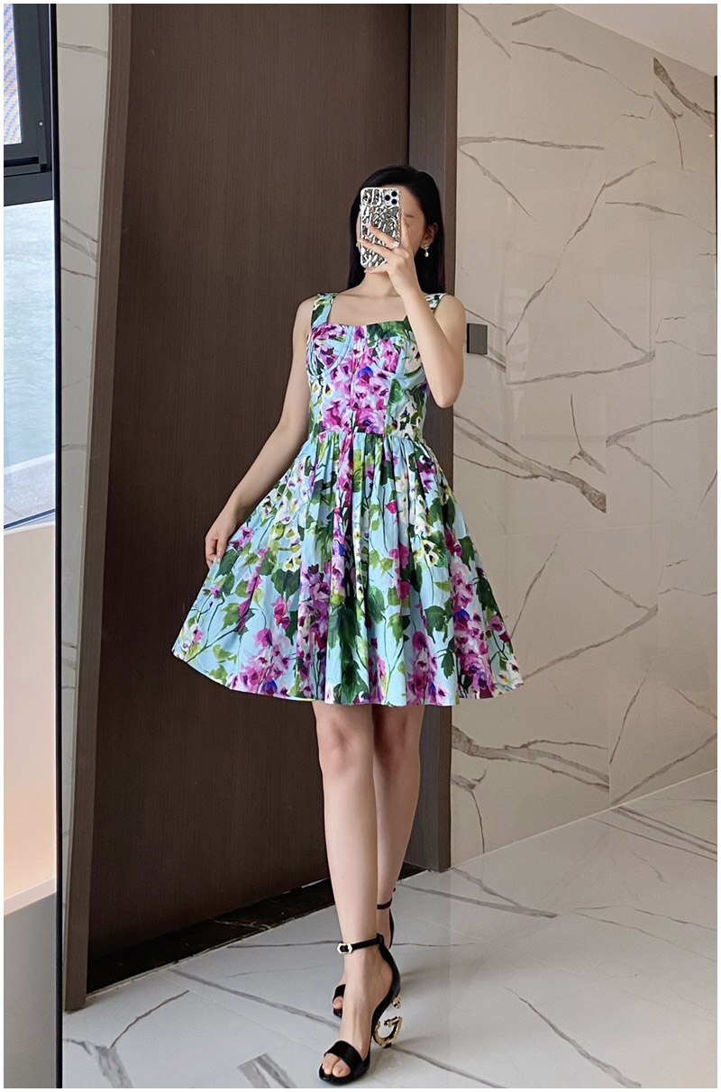 High Quality 100% Cotton Women's Dress Fashion Runway Bluebell Print Suspender Cup Poplin Holiday Dress Summer 2022 New
