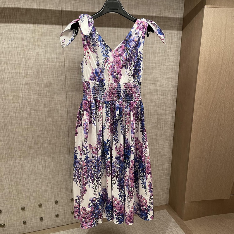 High Quality 100% Cotton Women's Dress Fashion Runway Wisteria Flower Print V Neck Elastic Waist Holiday Dress Summer 2022 New