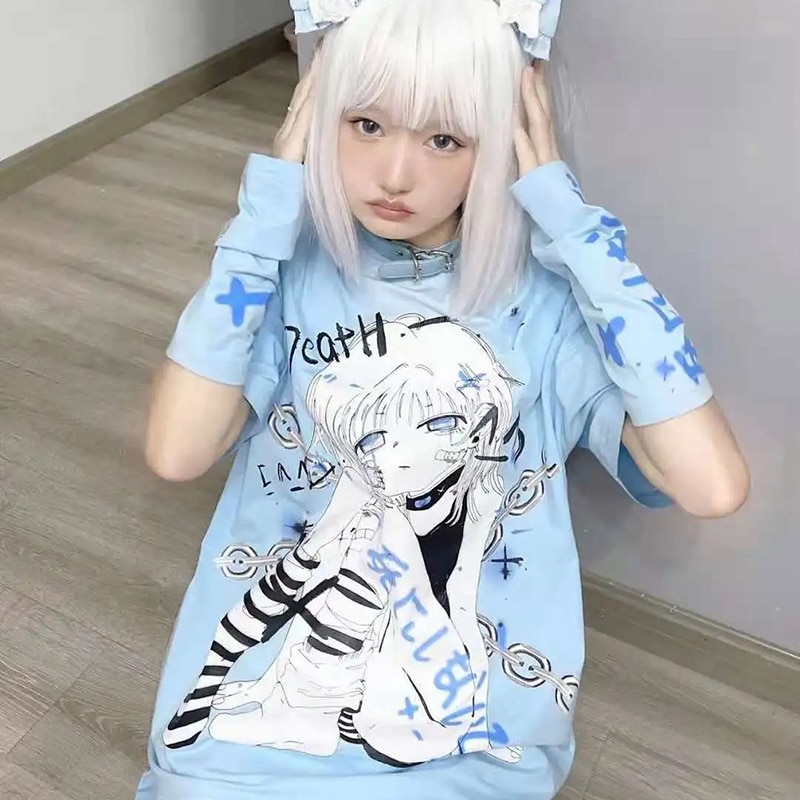 Summer Top Printing Send Sleeves Harajuku Punk Chain Y2k Two-Dimensional Anime Clothes Tshirt Short-Sleeved T-Shirt Women Tops
