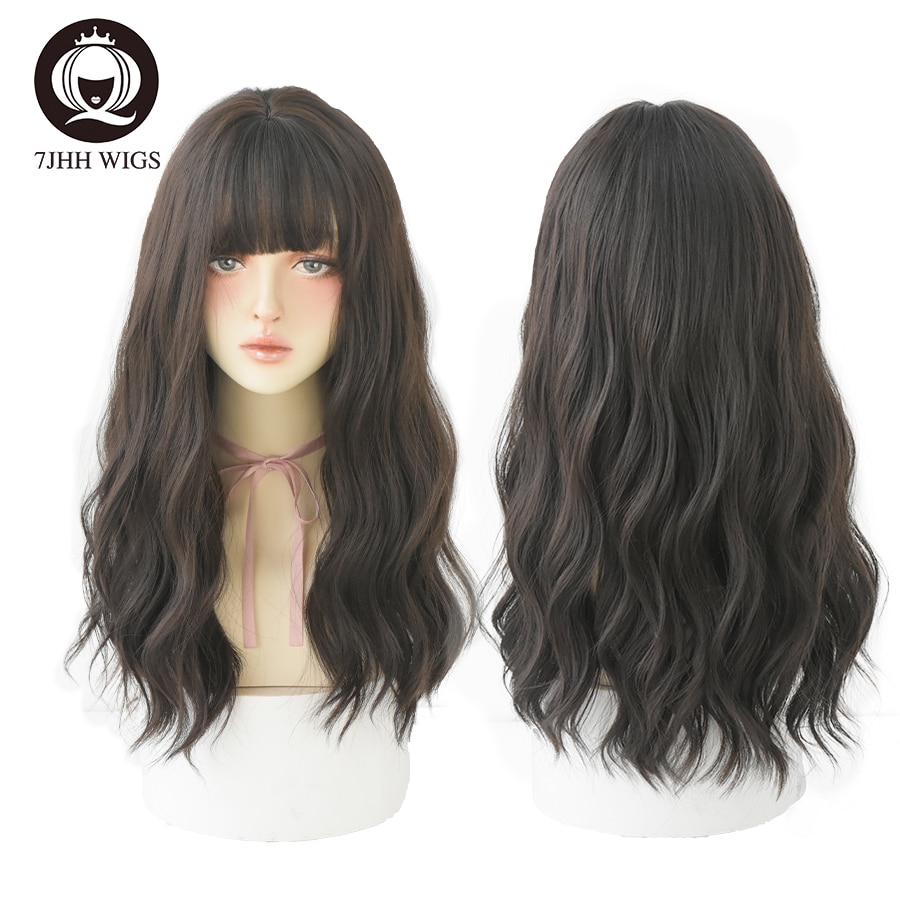 7JHH WIGS Long Wavy Curly Black Blonde Hair Highlights Synthetic Blend Wigs With Fluffy Bangs For Women's Daily Wear Four Season
