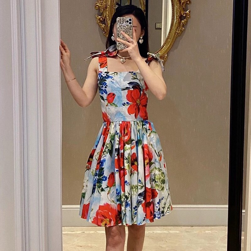 High Quality 100% Cotton Women's Dress Poplin Print Red Floral Casual Resort Party Backless Slip Dress  Fashion Runway Summer
