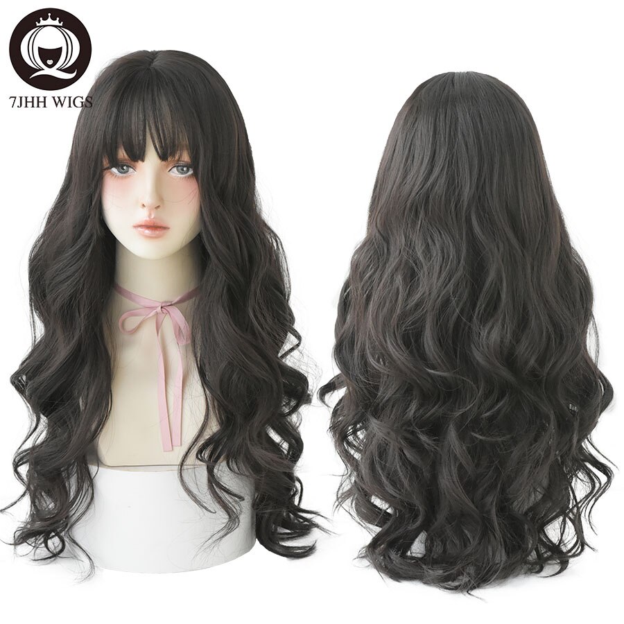 7JHH WIGS Long Wavy Curly Black Blonde Hair Highlights Synthetic Blend Wigs With Fluffy Bangs For Women's Daily Wear Four Season