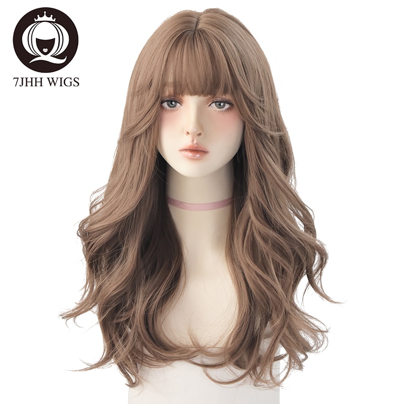 7JHH WIGS Long Wavy Curly Black Blonde Hair Highlights Synthetic Blend Wigs With Fluffy Bangs For Women's Daily Wear Four Season