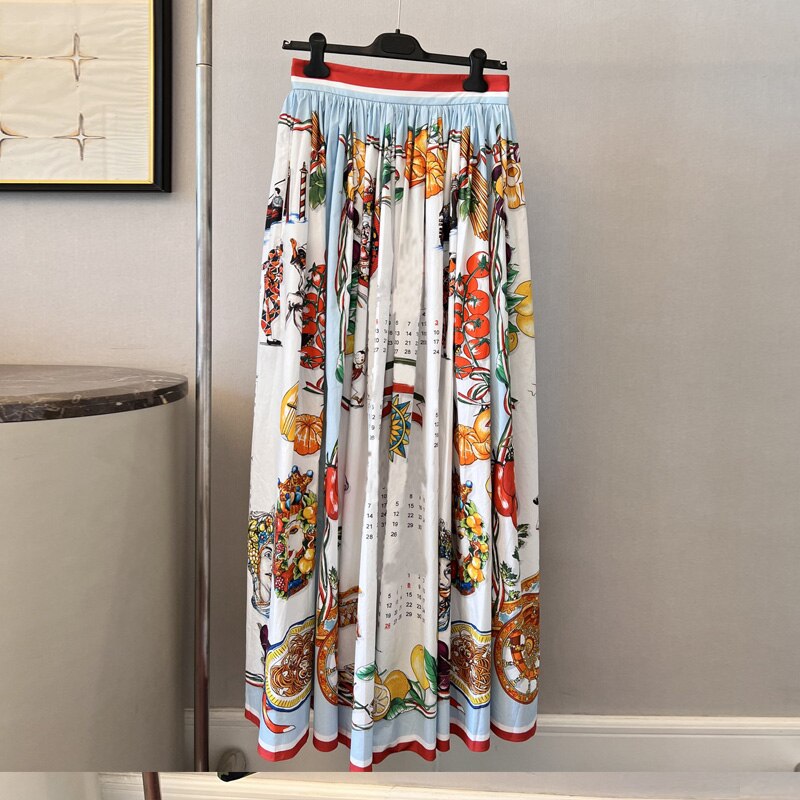 High Quality Women's Skirt Fashion Runway Poplin Cotton Calendar Print Versatile Holiday Midi Skirt  Party Summe 2022