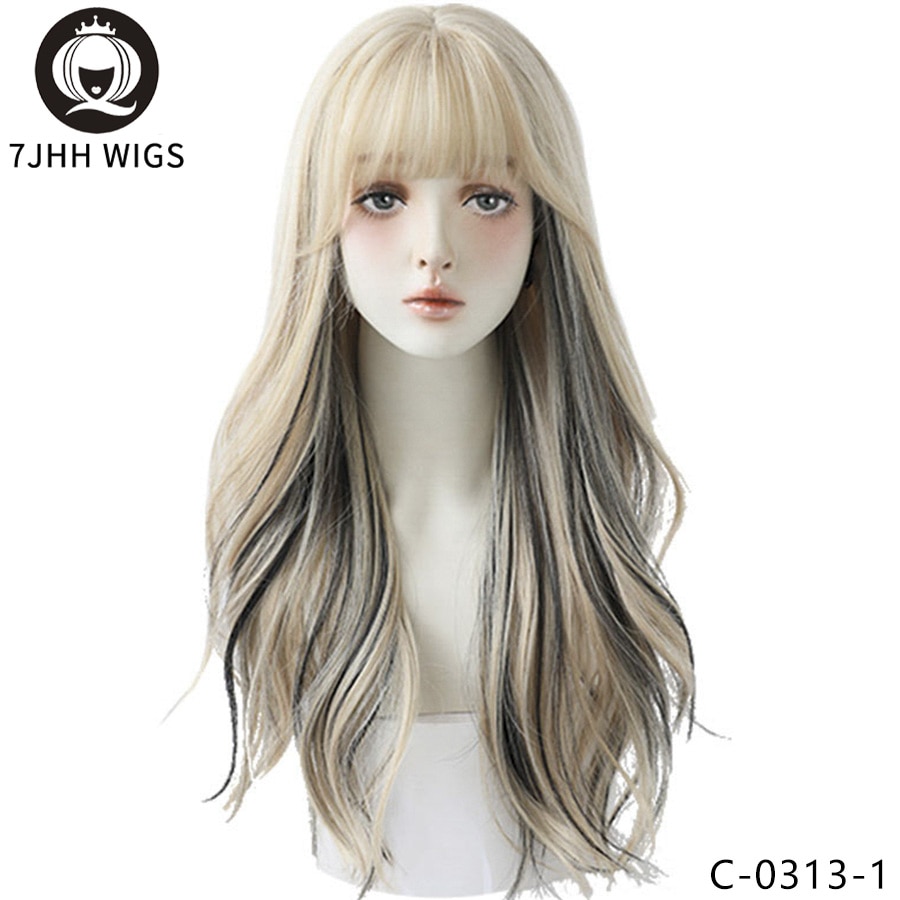 7JHH WIGS Long Wavy Curly Black Blonde Hair Highlights Synthetic Blend Wigs With Fluffy Bangs For Women's Daily Wear Four Season