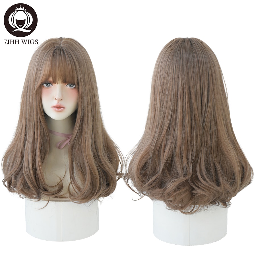 7JHH WIGS Long Wavy Curly Black Blonde Hair Highlights Synthetic Blend Wigs With Fluffy Bangs For Women's Daily Wear Four Season