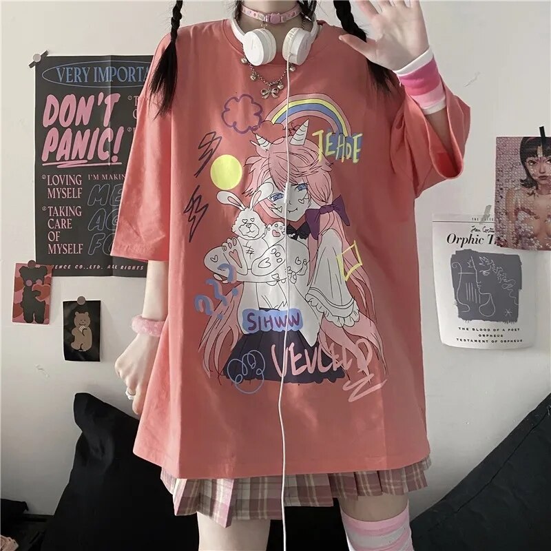 Gothic Clothes Loose T Shirts Harajuku Style Print Anime Tshirt Streetwear Female Short Sleeve Woman T-shirt E Girl Clothes