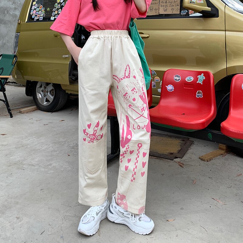 E Girls Clothing Oversize Trousers Pink Anime High Waist Punk Pants Women Loose Straight Vintage Cargo Wide Leg Pants Woman