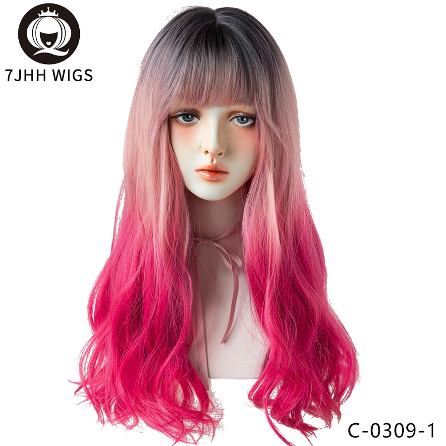 7JHH WIGS Long Wavy Curly Black Blonde Hair Highlights Synthetic Blend Wigs With Fluffy Bangs For Women's Daily Wear Four Season