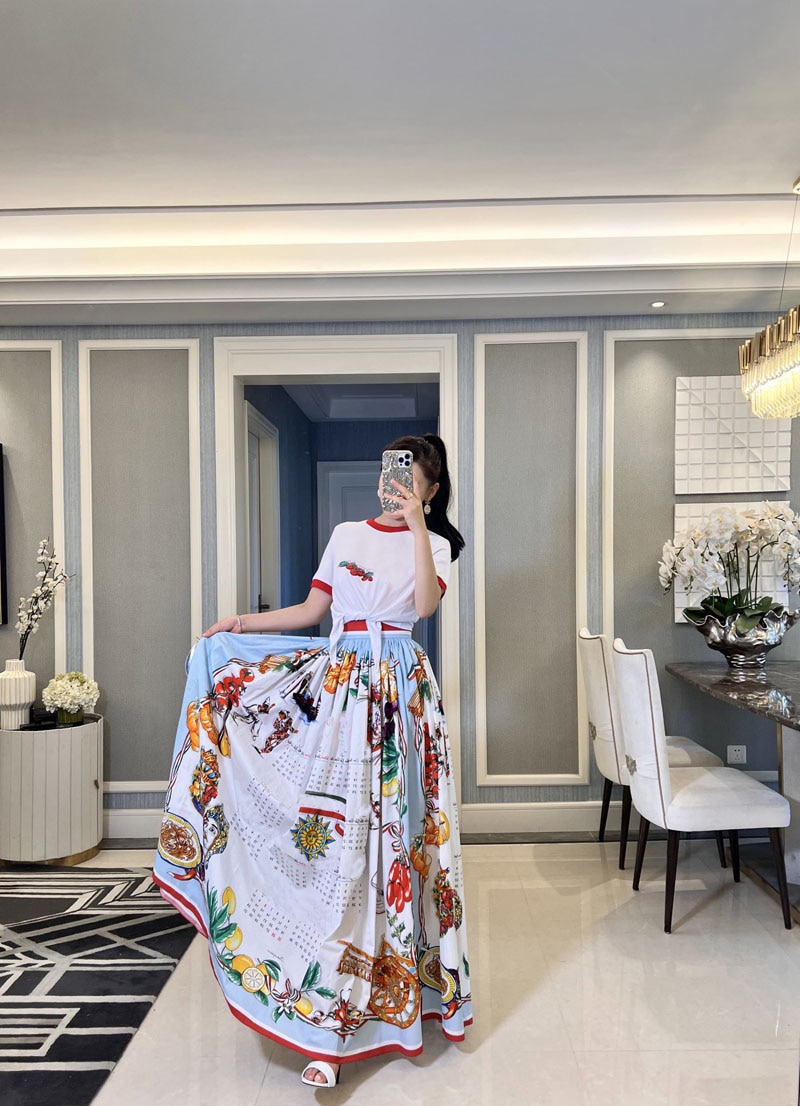 High Quality Women's Skirt Fashion Runway Poplin Cotton Calendar Print Versatile Holiday Midi Skirt  Party Summe 2022
