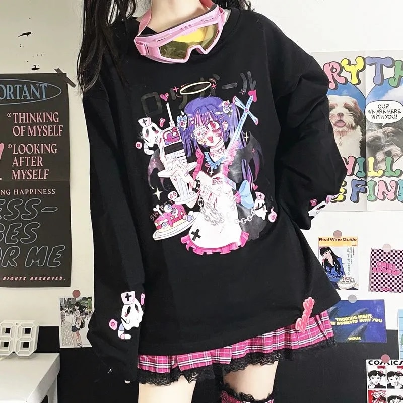 Woman Top Shirts Long Sleeve Anime Sweatshirt Woman Kawaii Clothes Spring Autumn Hip Hop Japanese Harajuku ANIME E Girl Clothes