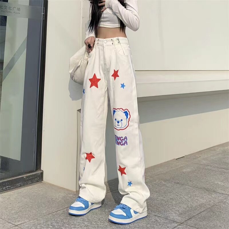 Denim Trousers American Kawaii Anime Print Y2k Streetwear High Waist Wide Leg Baggy Graphic Pants