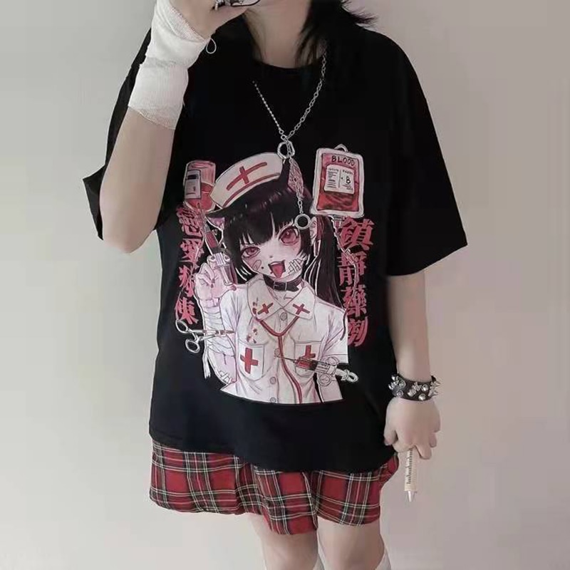 Graphic Tee Summer tops Women Anime T Shirt Tops Aesthetic Clothes Black Grunge Streetwear Tshirt Harajuku Tops Fashion Clothing